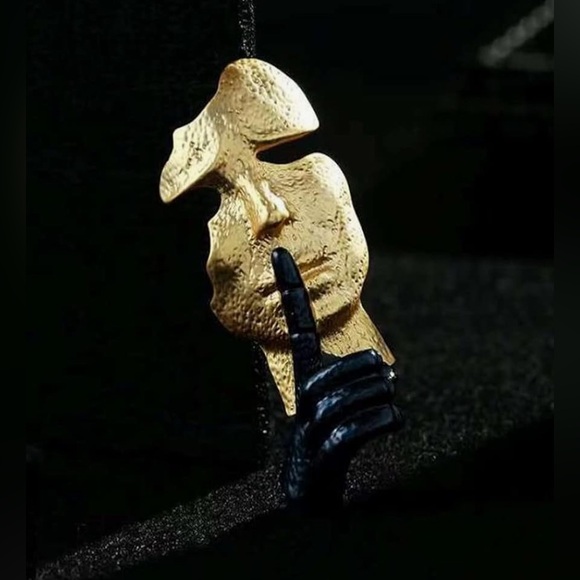 Abstract Art Black & Gold Mask Enamel Lapel Silence is Gold Thinker Brooch - Picture 3 of 4